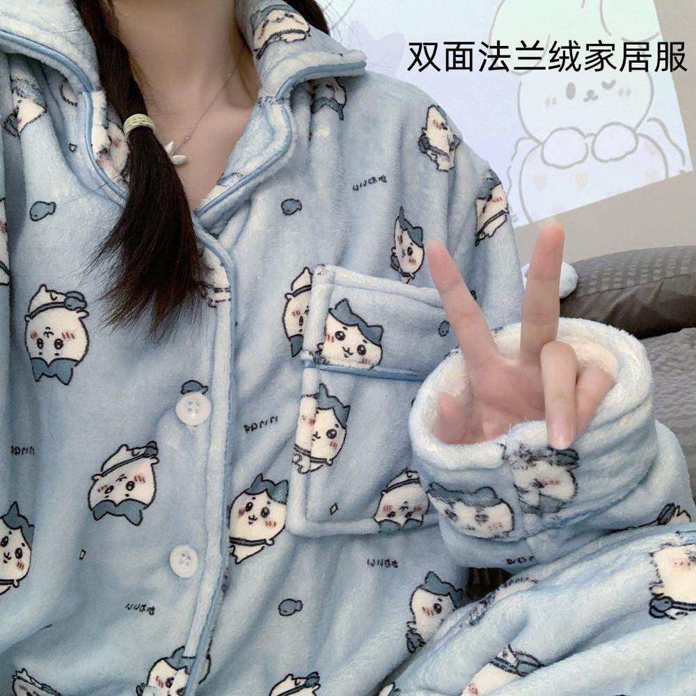 新款法兰绒情侣睡衣女秋冬季加厚加绒保暖珊瑚绒冬天男家居服套装