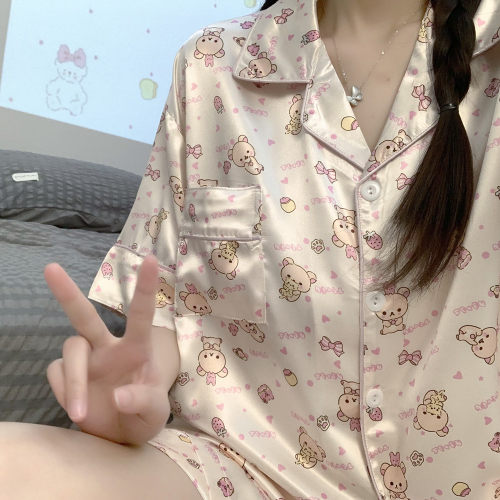 轻松小熊冰丝睡衣女夏季短袖薄款