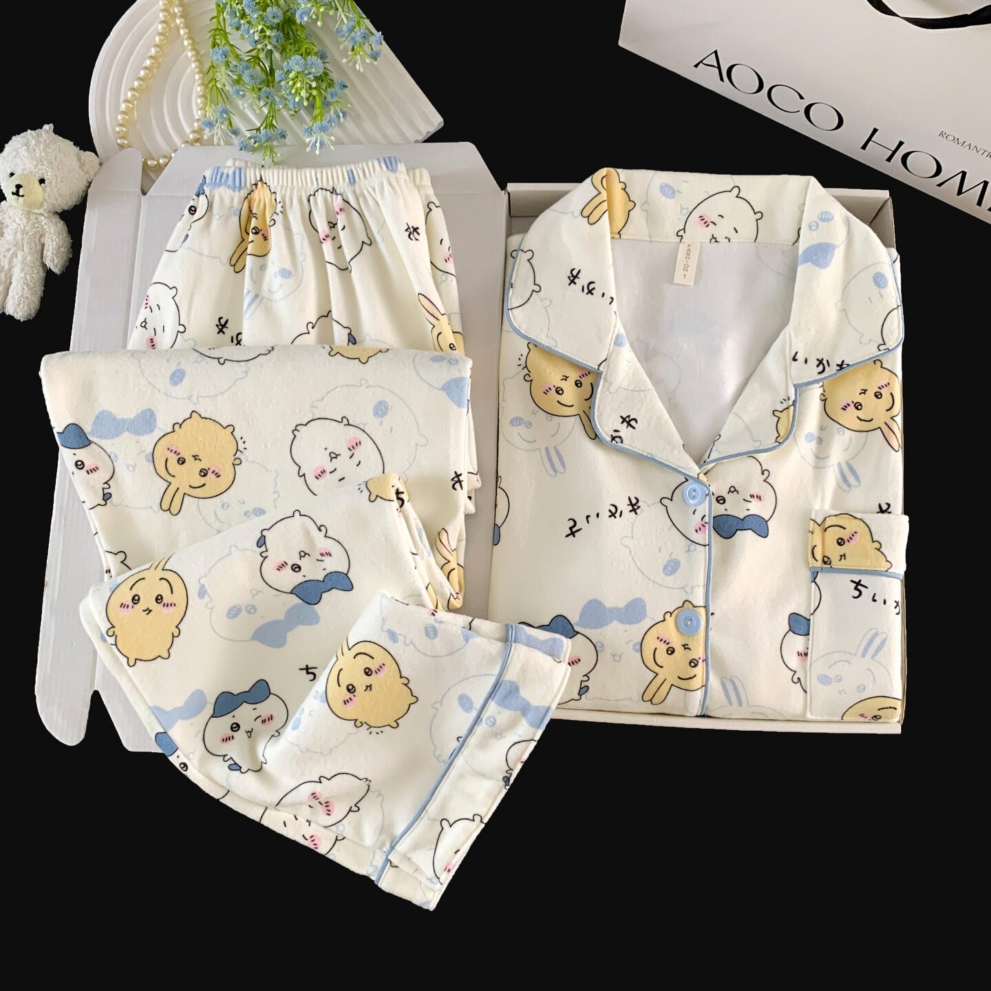 德绒睡衣女秋冬季加厚保暖翻领卡通可爱乌萨奇吉伊小八家居服套装