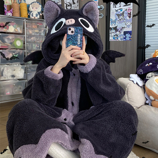 小蝙蝠珊瑚绒睡袍女秋冬季连体睡衣大码男士法兰绒情侣家居服套装