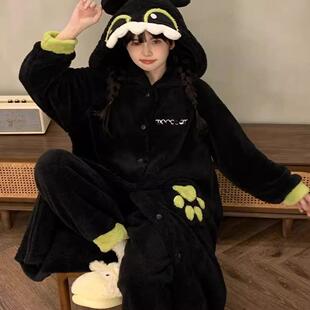 家居服套装 可爱卡通无牙仔睡衣女冬季 珊瑚绒睡袍加厚加绒情侣男款