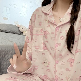 日系可爱甜点兔睡衣女春秋季纯棉长袖长裤卡通学生家居服套装外穿