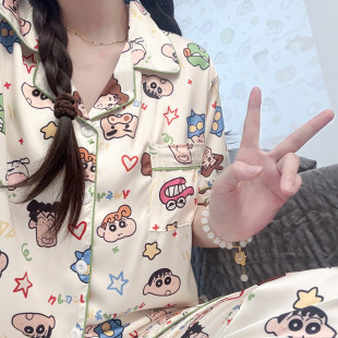 可爱卡通学生夏天家居服套装 冰丝短袖 薄款 蜡笔小新情侣睡衣女夏季