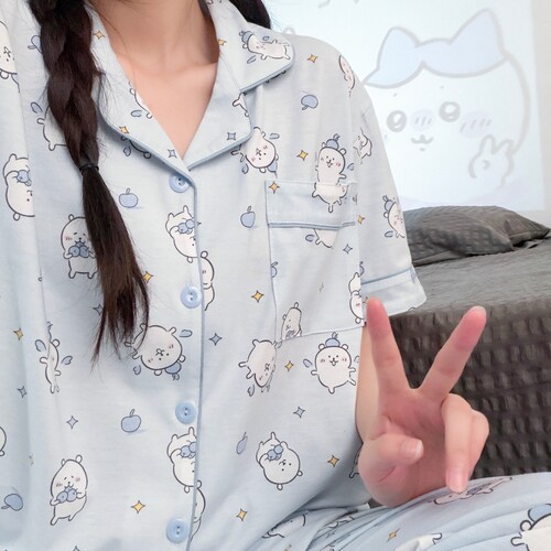 卡通自嘲熊睡衣女夏季款纯棉短袖