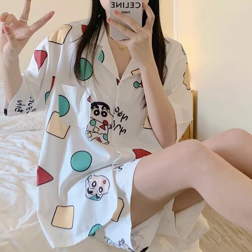 蜡笔小新冰丝睡衣女大码夏季短袖