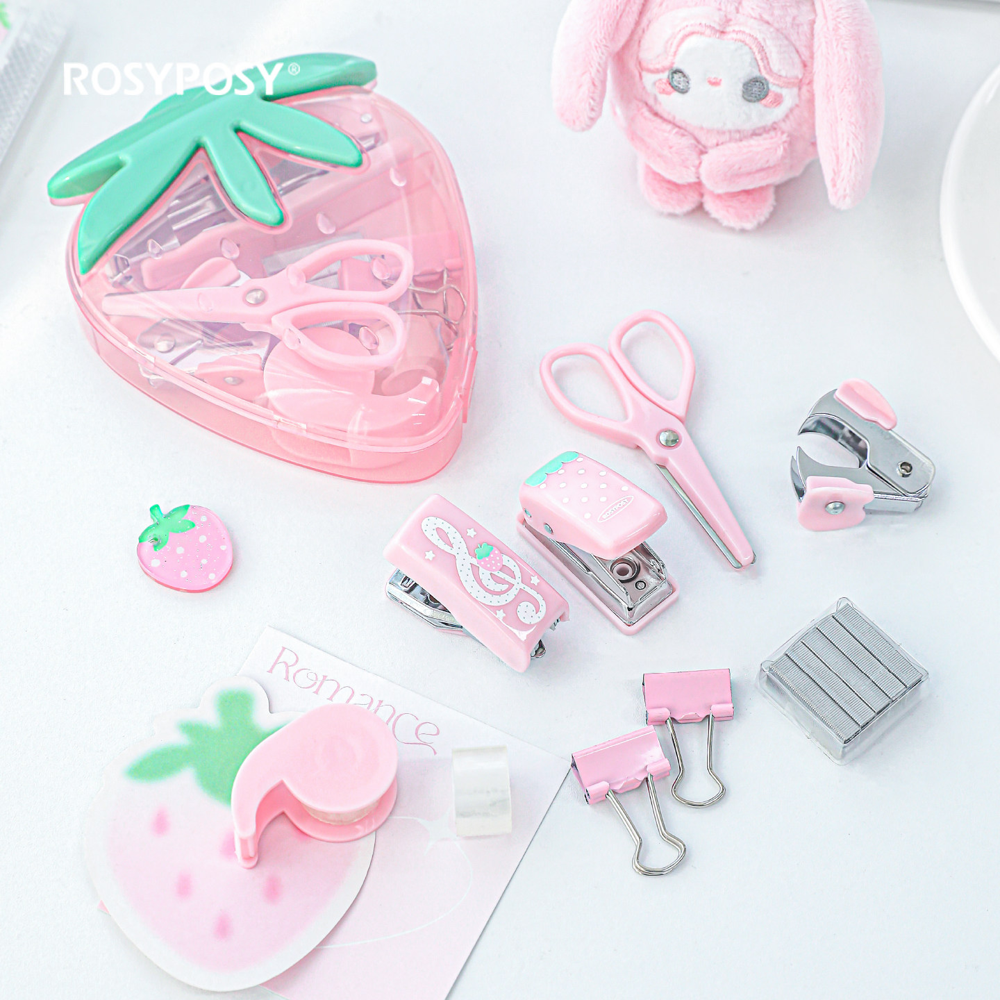 「萌！草莓工具套组」Rosyposy柔设效率可爱订书机打孔器剪刀盒