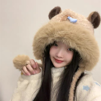 可爱卡皮巴拉毛绒雷锋帽子女秋冬新款加厚保暖护耳显脸小套头帽潮