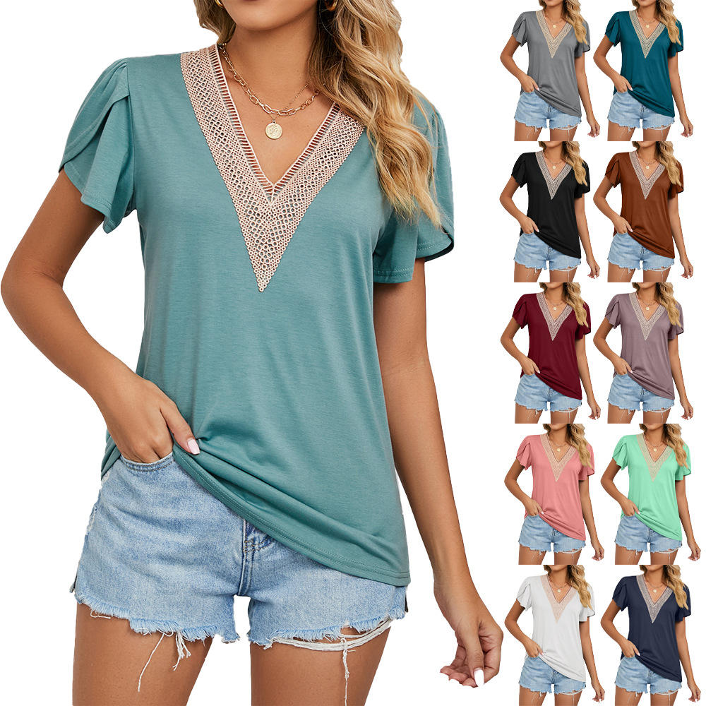 Women V neck summer T-shirts ladies casual Tops 女士短袖T恤 女装/女士精品 T恤 原图主图