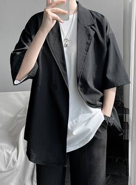 大码300斤男冰丝压皱短袖西装