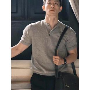 运动t恤美式 潮男大码 男款 300斤灰色亨利领短袖 显肌肉上衣夏 polo衫