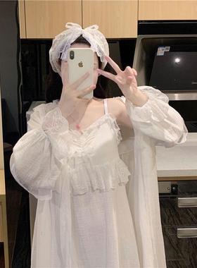 大码300斤仙女吊带睡裙睡袍套装春秋胖mm220甜美家居服睡衣两件套