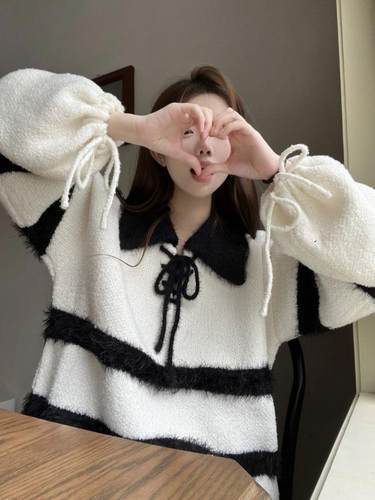 条纹棉毛衣小香风上新翻领