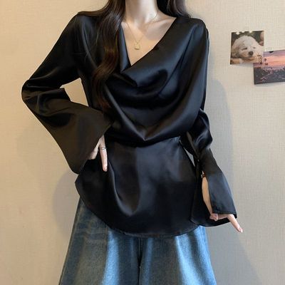 300斤加大码高级感醋酸缎面长袖衬衫女秋胖mm收腰中长款荡领上衣