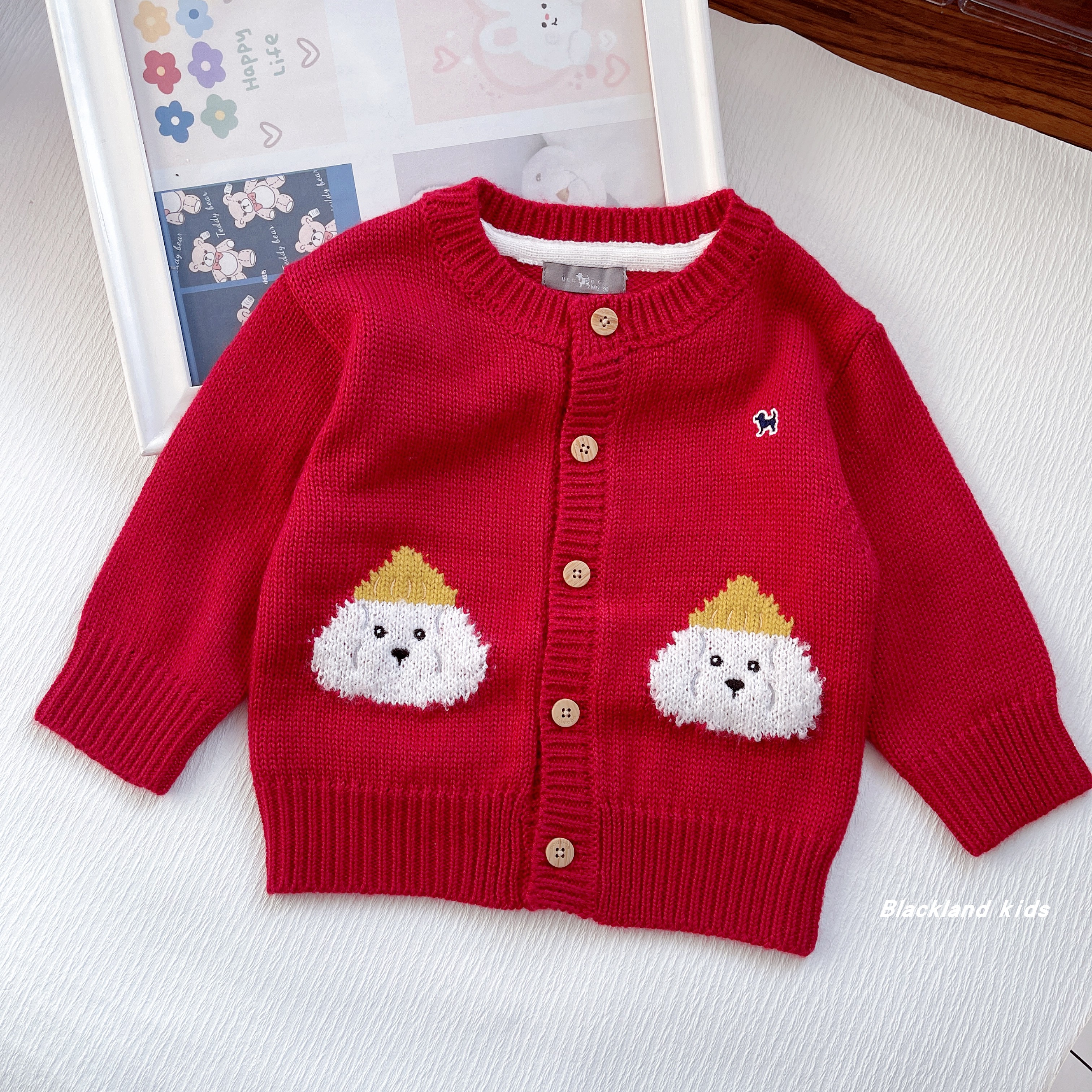 亮红色开衫毛衣圣诞韩国童装春秋冬款男女童宝卡通针织衫保暖外套