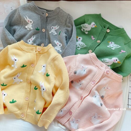 春秋冬款童装 女童纯棉线毛衣 儿童宝宝双提花手工绣小兔开衫外套