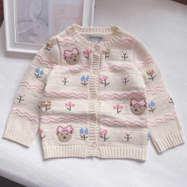 110-150码春秋冬款 女童装纯棉线开衫毛衣儿童宝提花保暖针织外套