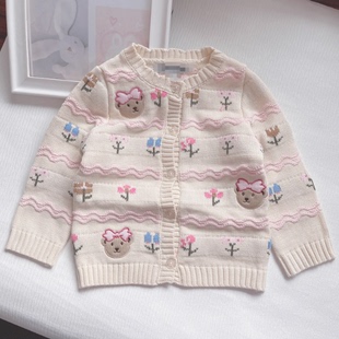 110-150码春秋冬款 女童装纯棉线开衫毛衣儿童宝提花保暖针织外套