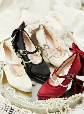 现货掉落礼遇优雅高跟鞋女桃小坞lolita原创蝴蝶结红色婚鞋cla