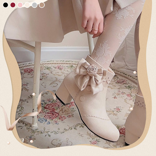 玫瑰蝴蝶结马丁靴粗跟桃小坞