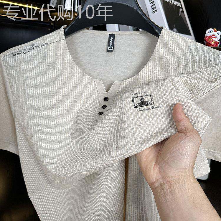 夏季冰氧棉短袖T恤男士复古彷亚麻鸡心V领爸爸装休闲上衣服T恤衫