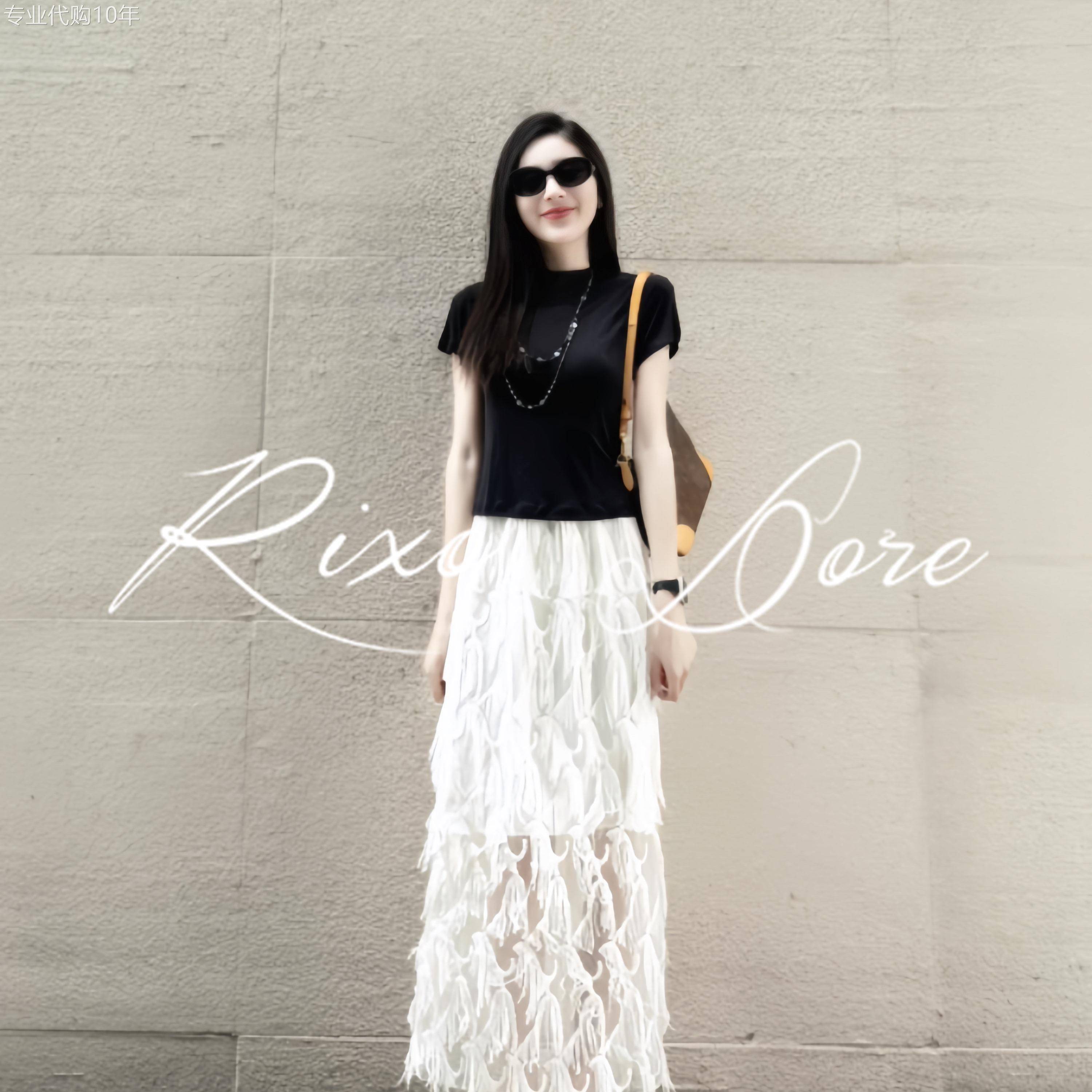 RIXO DORE法式高腰显瘦编制流苏网纱蕾丝半身裙女中长款直筒裙子