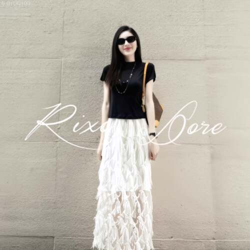 RIXO DORE法式高腰显瘦编制流苏网纱蕾丝半身裙女中长款直筒裙子