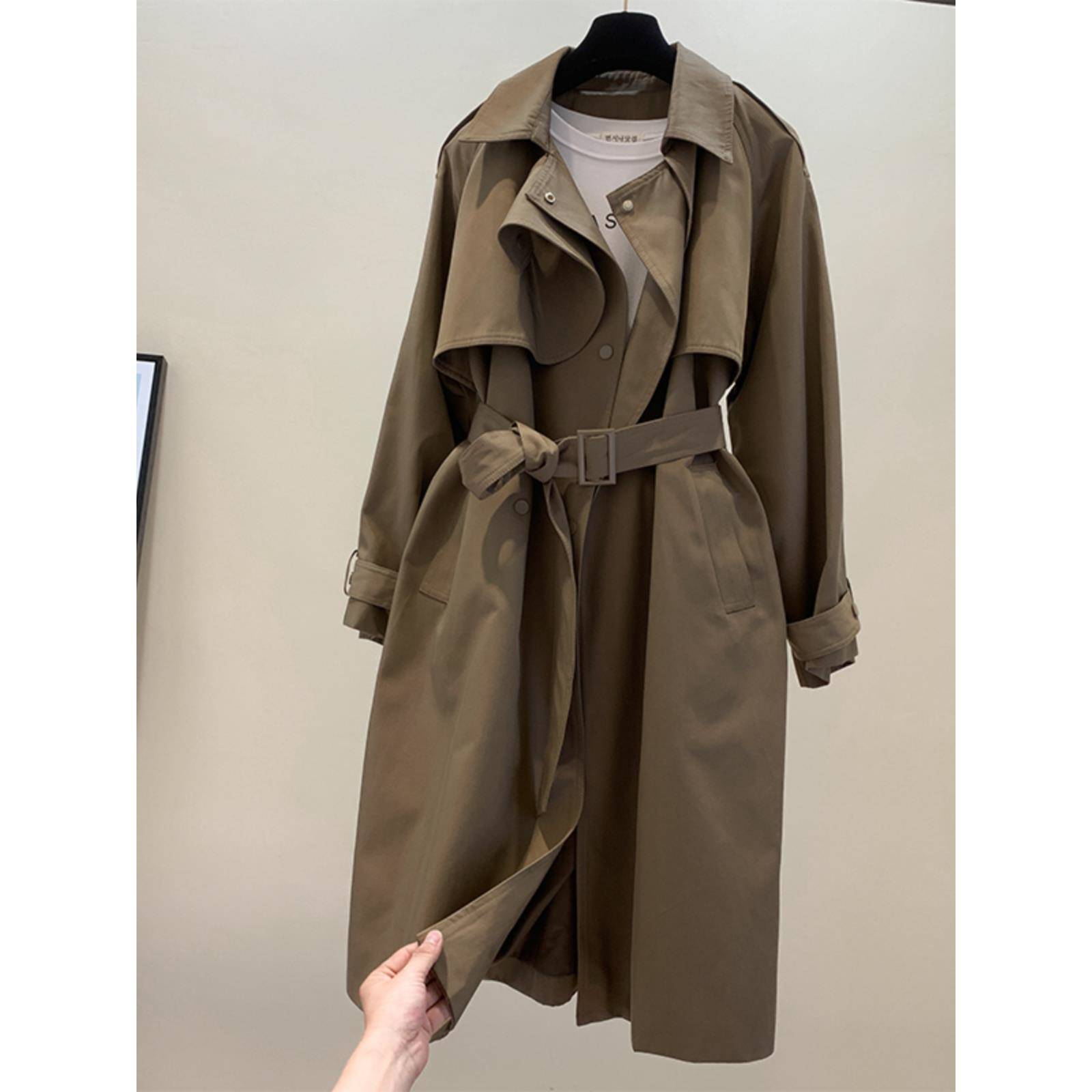 韩国卡其色中长款风衣女过膝外套春秋新款英伦风垂感收腰派克大衣