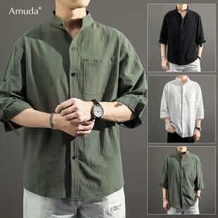 潮牌亚麻休闲短袖衬衫男士夏季轻薄款宽松棉麻七分袖衬衣外套男款