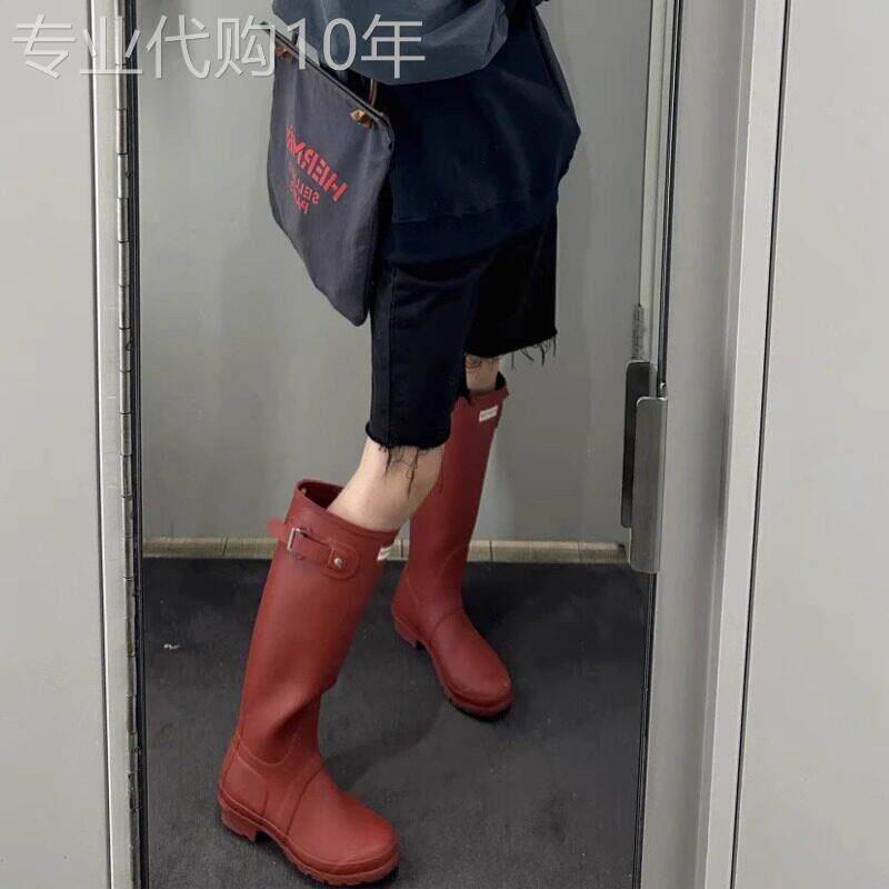 牛皮版~小众真皮厚底红色靴子冬粗跟红色长靴不过膝高筒靴长筒靴