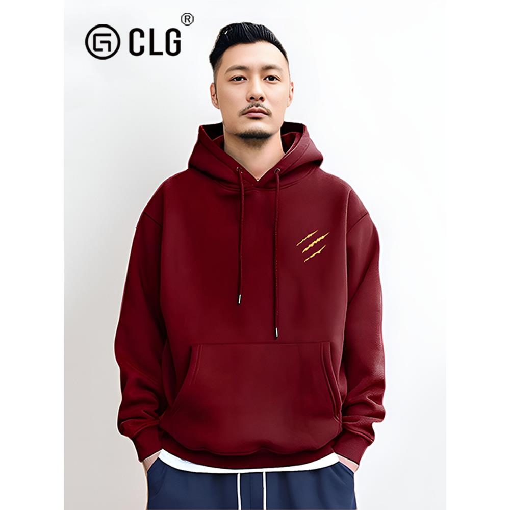 香港CLG潮牌酒红色连帽卫衣男余文乐秋冬款加绒纯棉重磅宽松外套