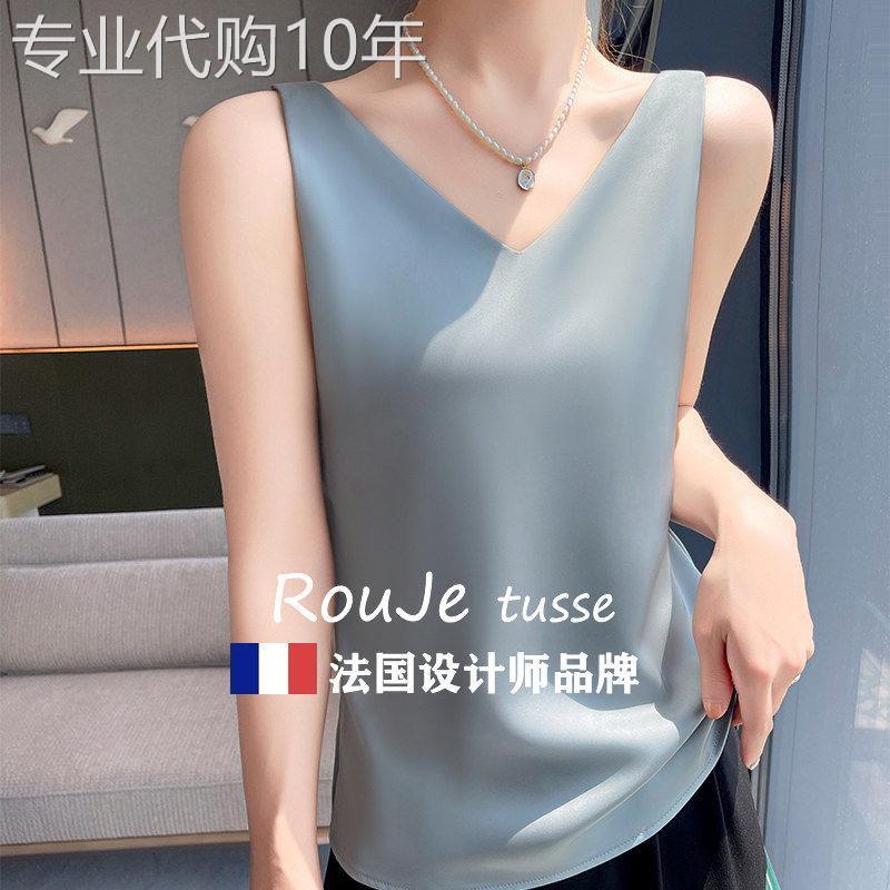 Rouje tusse夏季V领真丝吊带背心女宽松无袖桑蚕丝垂感显瘦上衣