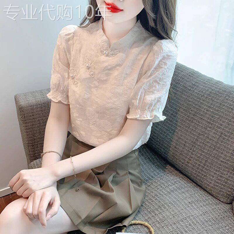 短袖t恤女2026新款夏季薄款立领新中式国风盘扣雪纺小衫气质上衣