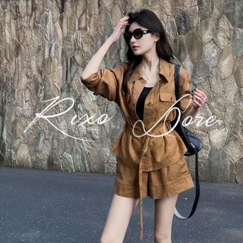 RIXO DORE法式老钱风亚麻防晒衬衫套装女新款翻领长袖短裤两件套