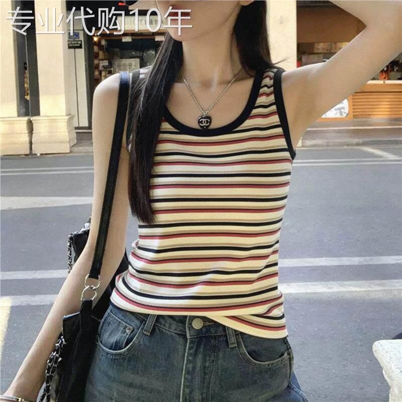 撞色条纹背心吊带女显瘦夏季2026新款无袖防走光螺纹短款上衣打底