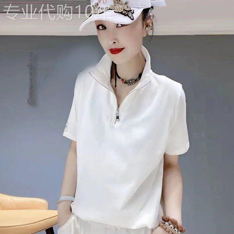 潮牌polo衫短袖T恤女2025夏季新款女装韩版拉炼立领纯棉宽松上衣
