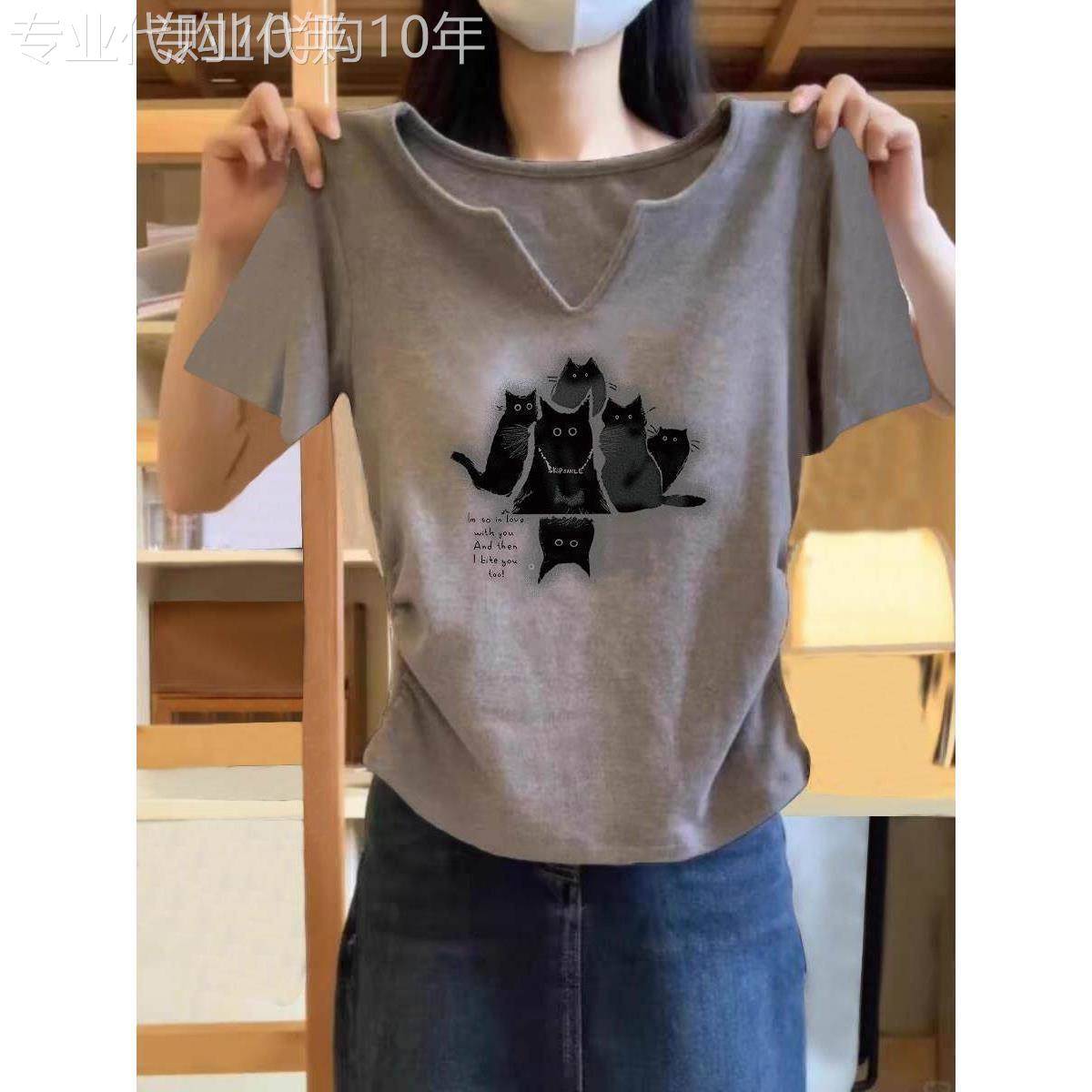 韩国夏季2025新款V领短袖t恤女纯棉修身掐腰设计感灰色上衣ins潮