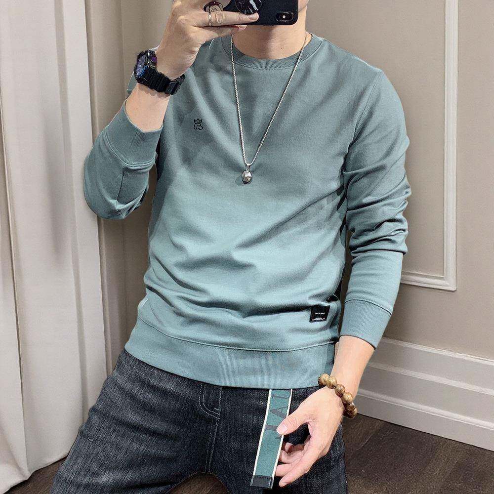 香港潮牌秋装帅气卫衣男士修身休闲纯色刺绣纯棉长袖T恤打底衫男