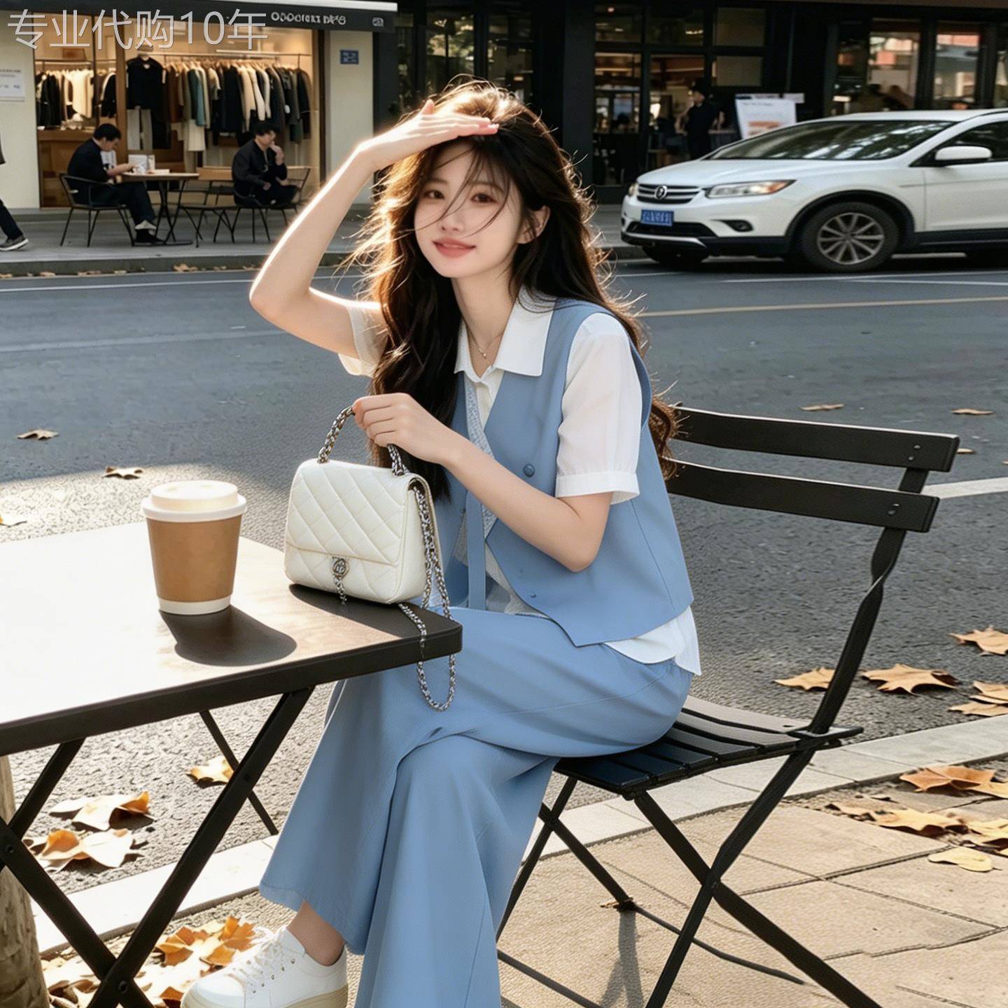 休闲百搭显瘦浅蓝色马甲三件套女夏季2026新款简约衬衣阔腿裤套装
