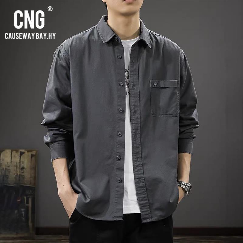 香港潮牌长袖工装衬衣男士春秋新款复古纯棉宽松翻领衬衫休闲外套