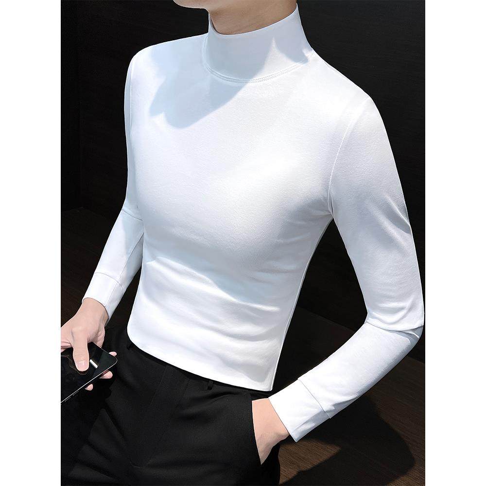 韩版纯色修身半高领长袖t恤打底衫男士2025秋冬新款内搭加绒上衣