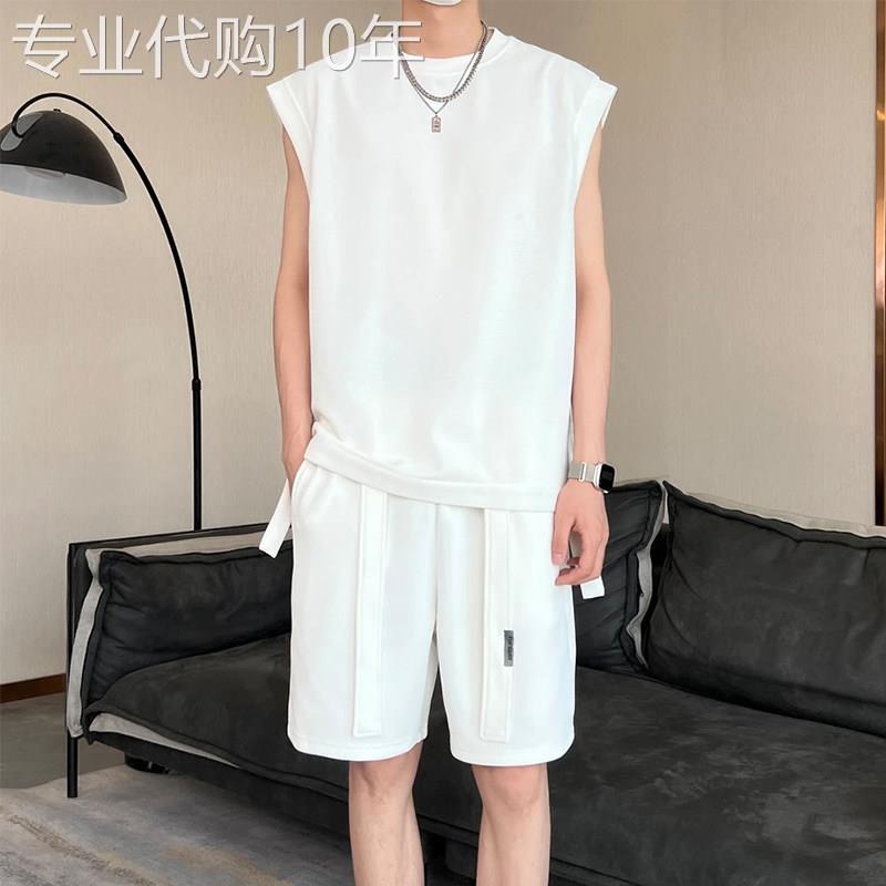 冰丝休闲运动套装男士夏季薄款潮牌痞帅宽松无袖T恤搭配短裤一套