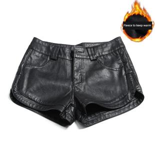专柜真皮短裤女秋冬新款低腰百搭时尚阔腿打底皮裤大码靴裤外穿潮