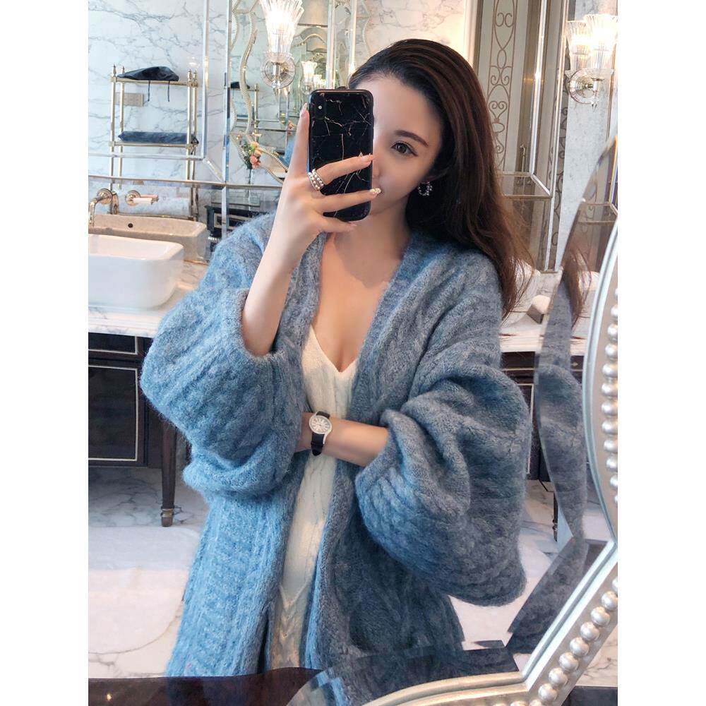 韩国2025秋新款高级感麻花复古毛衣外套女中长款慵懒加厚针织开衫