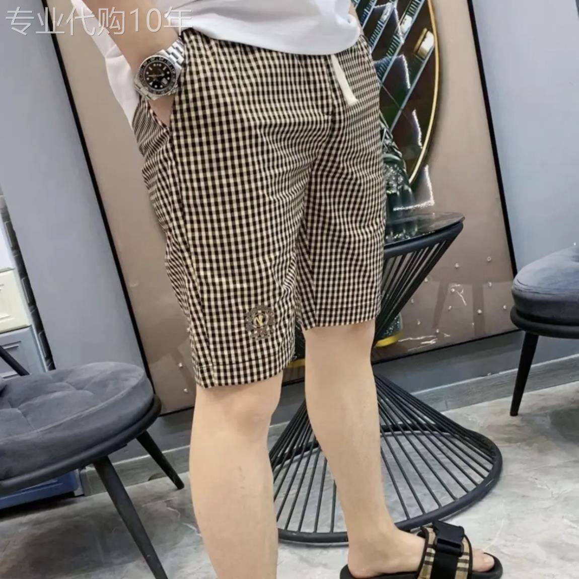 潮牌轻奢格子短裤男士夏季潮流帅气韩版修身直筒五分裤休闲沙滩裤