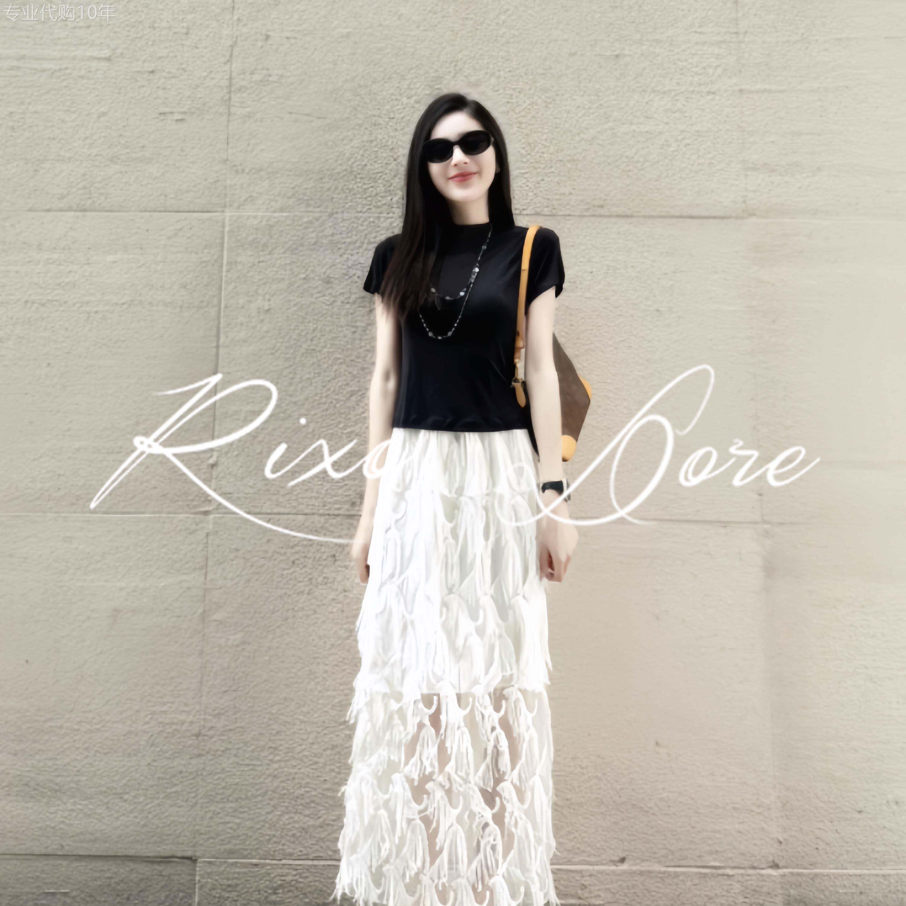 RIXO DORE法式高腰显瘦编制流苏网纱蕾丝半身裙女中长款直筒裙子