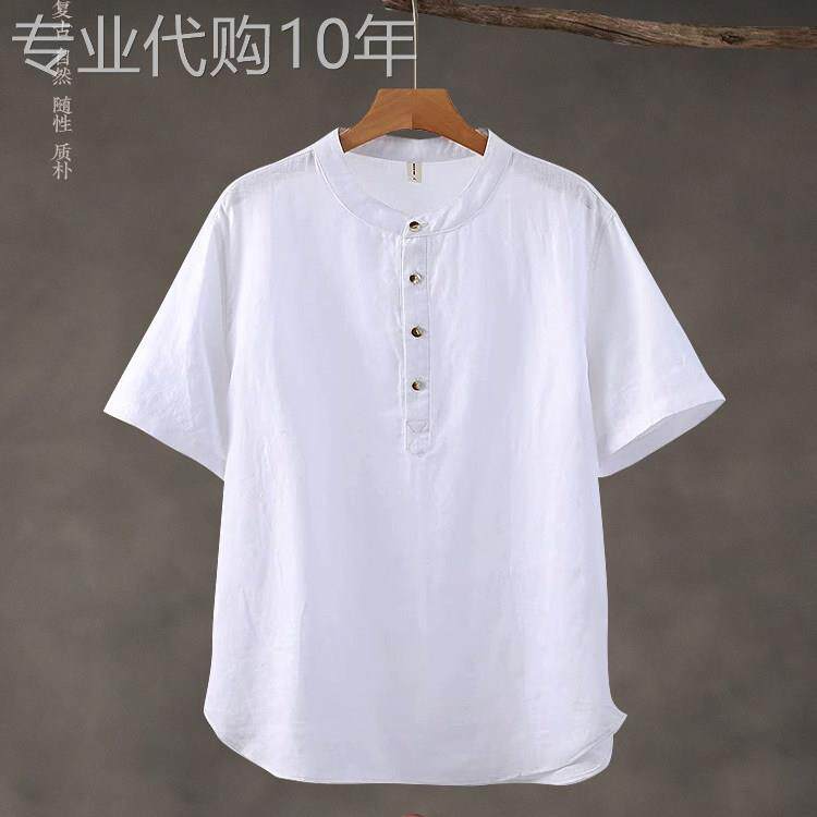 100%纯亚麻唐装男短袖T恤新中式夏季薄款复古棉麻圆领盘扣半袖Tee