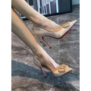 香港侧空红底高跟鞋女2025春秋新款尖头细跟水钻单鞋不累脚新娘鞋