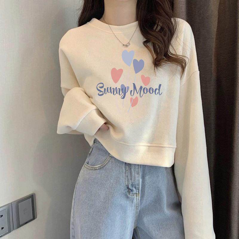 香港春秋薄款圆领套头短款卫衣女加绒加厚长袖上衣冬季显瘦小个子