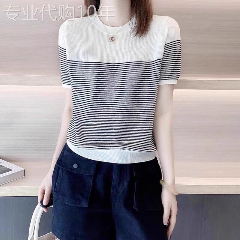 条纹冰丝针织短袖t恤女夏季2026新款设计感拼接气质显瘦短款上衣
