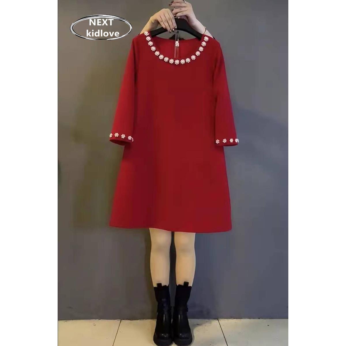 香港大尺寸春秋季新胖毫米串珠连衣裙红色动物年直宽松底运动衫连